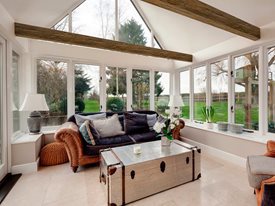 horizontal beams across a vaulted ceiling